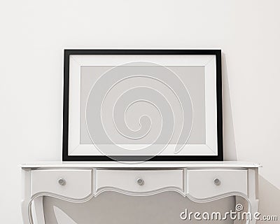 Mock up blank picture frame on the white desk and wall, background Stock Photo