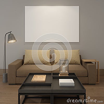 Mock up blank poster on the grey wall of living room Stock Photo