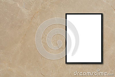 Mock up blank poster picture frame hanging on brown marble wall in room. Stock Photo