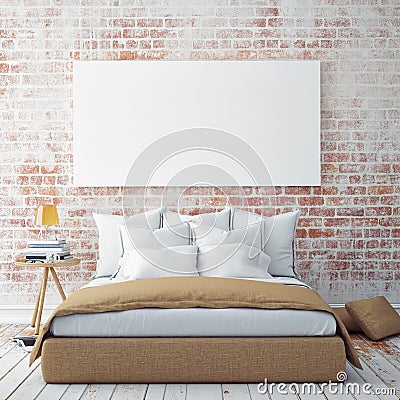 Mock up blank poster on the wall of bedroom, Cartoon Illustration