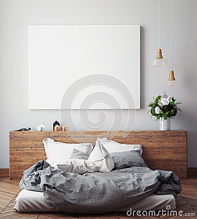 Mock up blank poster on the wall of bedroom, Cartoon Illustration