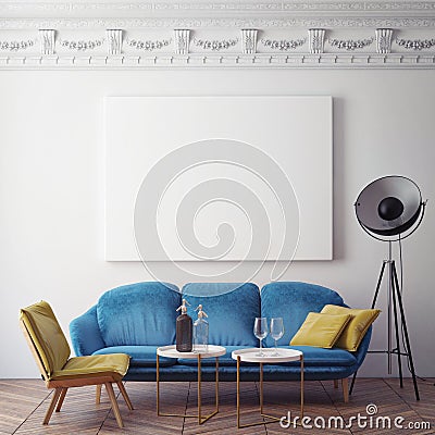 Mock up blank poster on the wall of bedroom, 3D illustration background, Cartoon Illustration