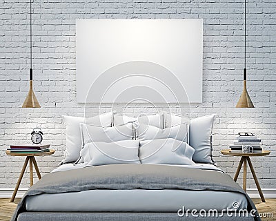 Mock up blank poster on the wall of bedroom, 3D illustration background Cartoon Illustration