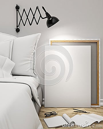 Mock up blank poster on the wall of bedroom, 3D illustration background Cartoon Illustration