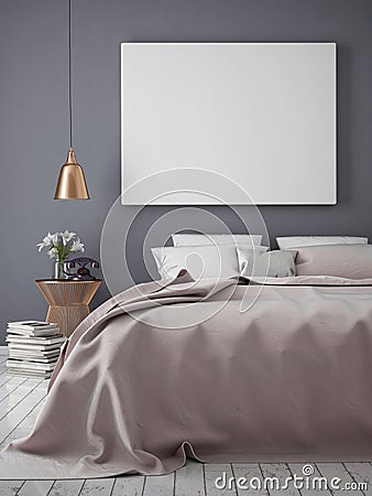 Mock up blank poster on the wall of bedroom, Stock Photo