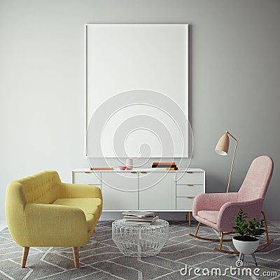 Mock up blank poster on the wall of hipster living room, 3D rendering Cartoon Illustration