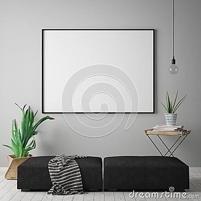 Mock up blank poster on the wall of hipster living room, scandinavian style, 3D rendering, Cartoon Illustration