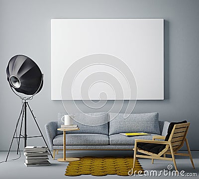 Mock up blank poster on the wall of livingroom, Stock Photo