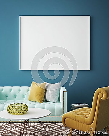 Mock up blank poster on the wall of vintage living room, Cartoon Illustration