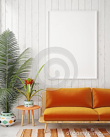 Mock up blank poster on the wall of vintage living room Cartoon Illustration