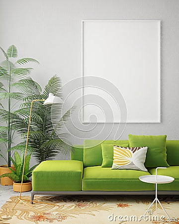 Mock up blank poster on the wall of vintage living room Cartoon Illustration