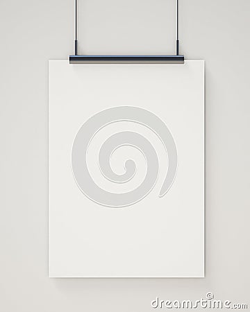 Mock up blank white hanging poster on white wall, background Stock Photo