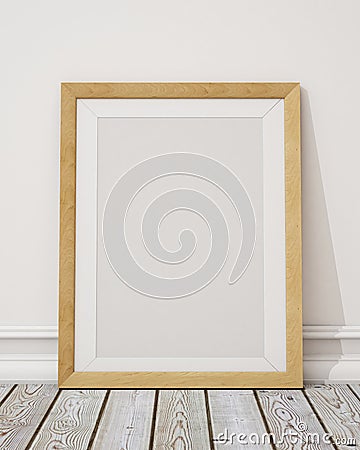 Mock up blank wooden picture frame on the wall and the floor Stock Photo