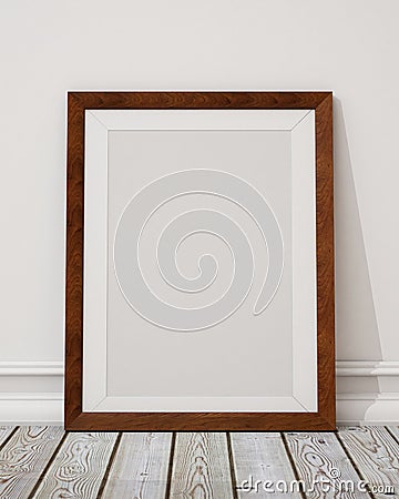 Mock up blank wooden picture frame on the wall and the floor Stock Photo