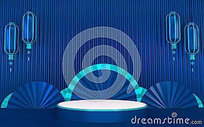 The Mock up Blue Podium for product display minimal geometric design.3D rendering Stock Photo