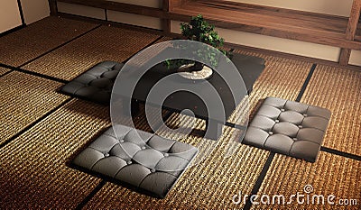 Mock up, bonsai tree on black low table and Cushions on tatami mat Designing the most beautiful. 3D rendering Stock Photo