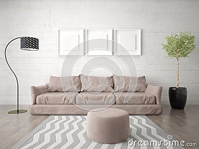 Mock up bright living room with fashionable comfortable sofa. Stock Photo