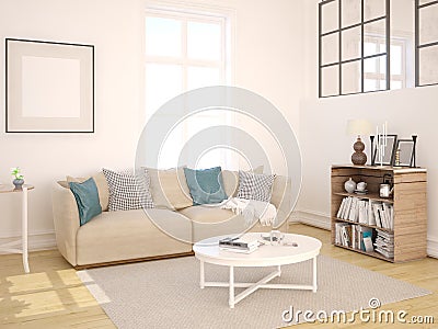 Mock up a bright living room in Scandinavian style. Stock Photo