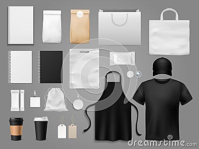 Mock up for cafe. Realistic paper menu styled up for restaurant brand, cup and branding clothes vector corporative style Vector Illustration