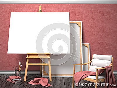 Mock up canvas frame with easy chair, easel, floor and red wall. Cartoon Illustration