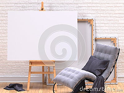 Mock up canvas frame with grey easy chair, easel, floor and wall. 3D Cartoon Illustration