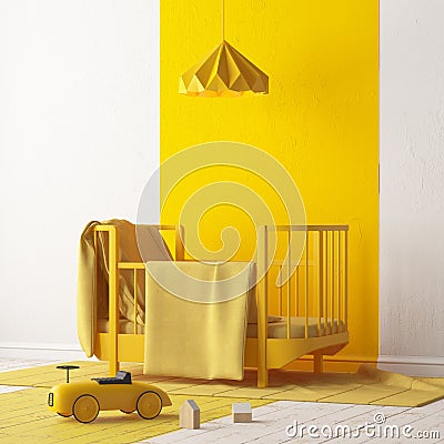 Mock up of a children`s bedroom in a locally yellow color. Scandinavian style. 3d rendering. Stock Photo