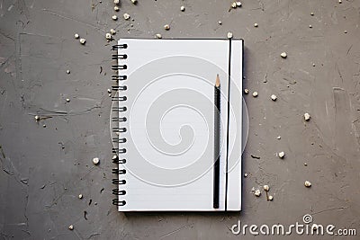 Mock-up with clean notepad and small white flowers, top view. Flat lay of blank notebook and pencil, copy space Stock Photo