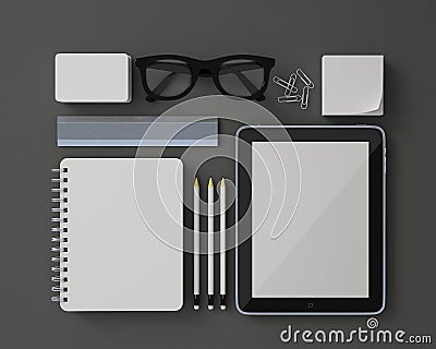 Mock up 3d model of white blank stationery design template set with tablet and obstacles isolated on grey background Stock Photo