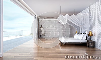 The mock up and decoration of bedroom and brick wall texture background design and sea view/ 3D rendering Stock Photo
