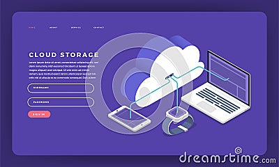 Mock-up design website flat design concept cloud computing technology users network configuration isometric. Vector illustration. Vector Illustration