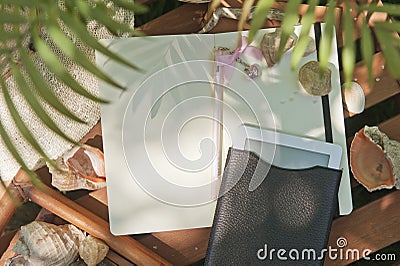 Mock up with electronic book and notebook diary Stock Photo