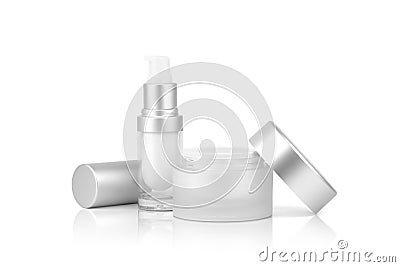 A empty container cream pump bottle and a cream jar for cosmetic, mock up isolated on white background with clipping path. Stock Photo