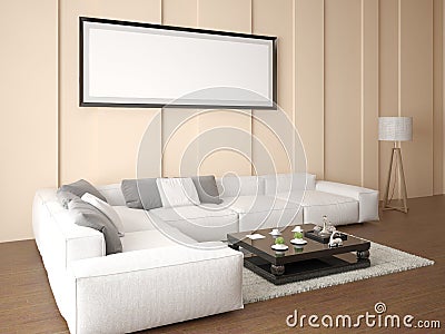 Mock up an empty frame in a bright living room. Stock Photo