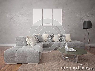 Mock up empty frame with modern stylish sofa. Stock Photo