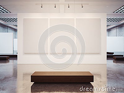 Mock up of empty gallery interior with brown bench Stock Photo