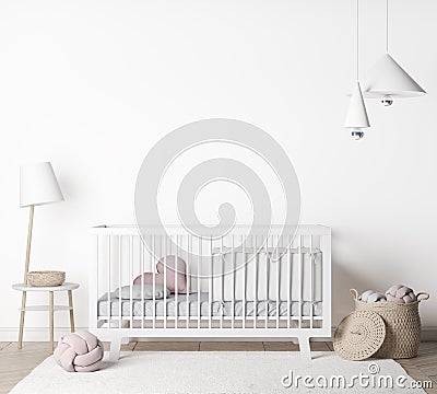 Mock Up empty Wall In farmhouse nursery mockup Interior Background , White baby room, Scandinavian Style, Cartoon Illustration
