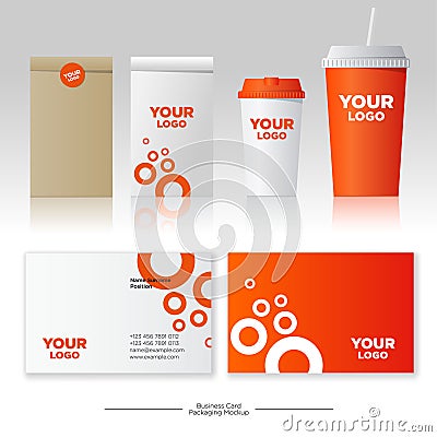 Mock up food and drink packages. Orange style. Corporate identity template set with pattern of fast food restaurant. Vector Illustration