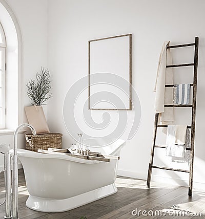 Mock up frame in bathroom interior with ladder Stock Photo