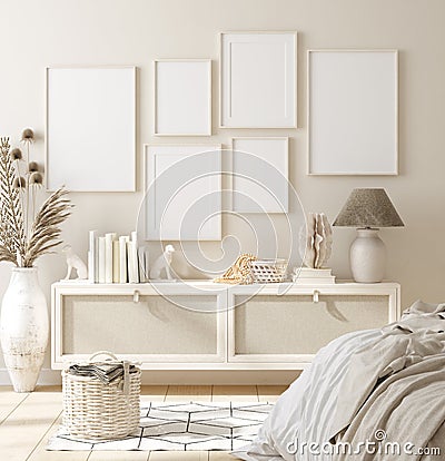 Mock up frame in bedroom interior background, beige room with natural wooden furniture Stock Photo