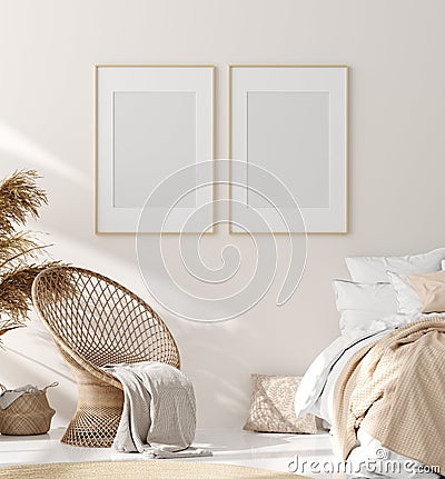 Mock up frame in bedroom interior, beige room with natural wooden furniture, Scandinavian style Stock Photo