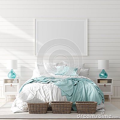 Mock up frame in bedroom interior, marine room with sea decor and furniture, Coastal style Stock Photo