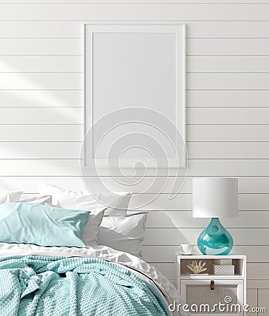 Mock up frame in bedroom interior, marine room with sea decor and furniture, Coastal style Stock Photo
