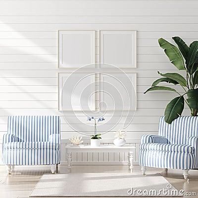 Mock up frame in bedroom interior, marine room with sea decor and furniture, Coastal style Stock Photo