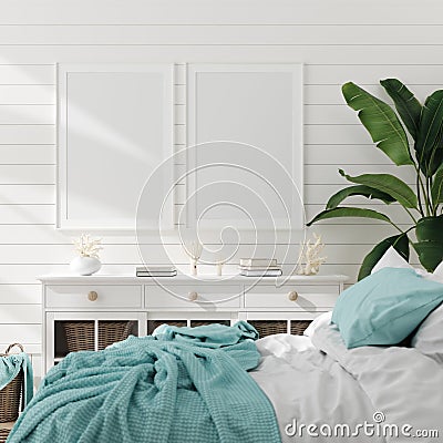 Mock up frame in bedroom interior, marine room with sea decor and furniture, Coastal style Stock Photo