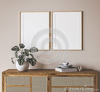 Mock up frame in Boho beige home interior background Stock Photo