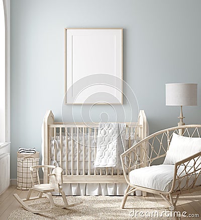 Mock up frame in boy nursery with natural wooden furniture Stock Photo