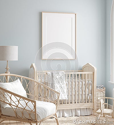 Mock up frame in boy nursery with natural wooden furniture Stock Photo