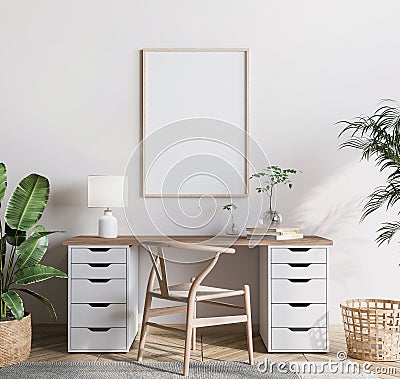 mock up frame in bright farmhouse interior background, wooden office Stock Photo