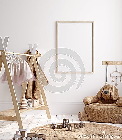 Mock up frame in children room with natural wooden furniture Stock Photo