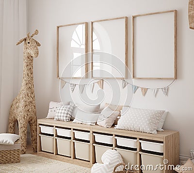 Mock up frame in children room with natural wooden furniture, Farmhouse style interior background Stock Photo